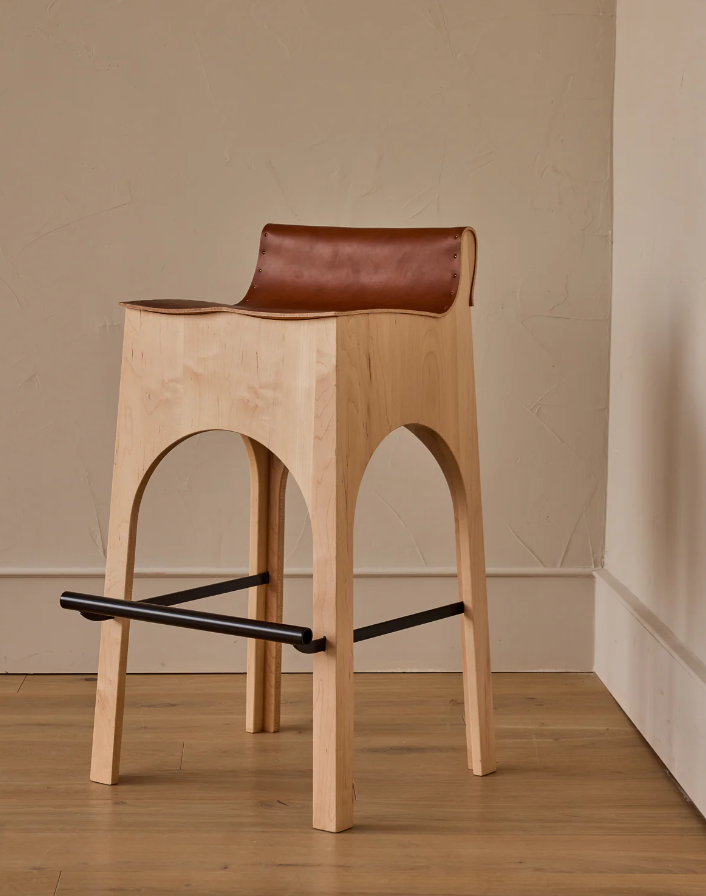 Leather and Oak Counter Stool in Tan