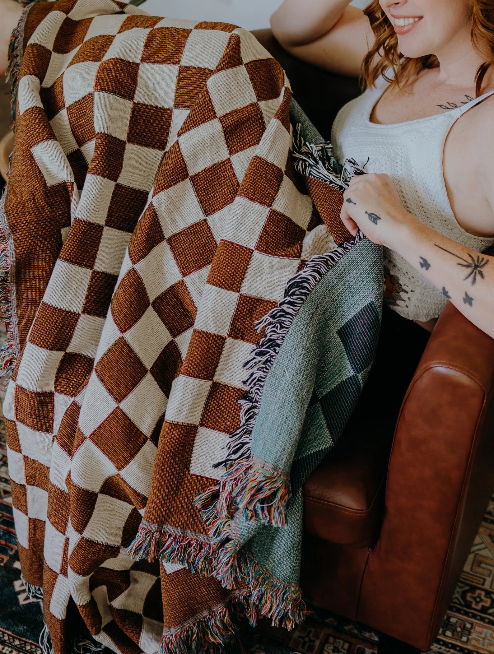 Brown Checkered Cotton Woven Blanket