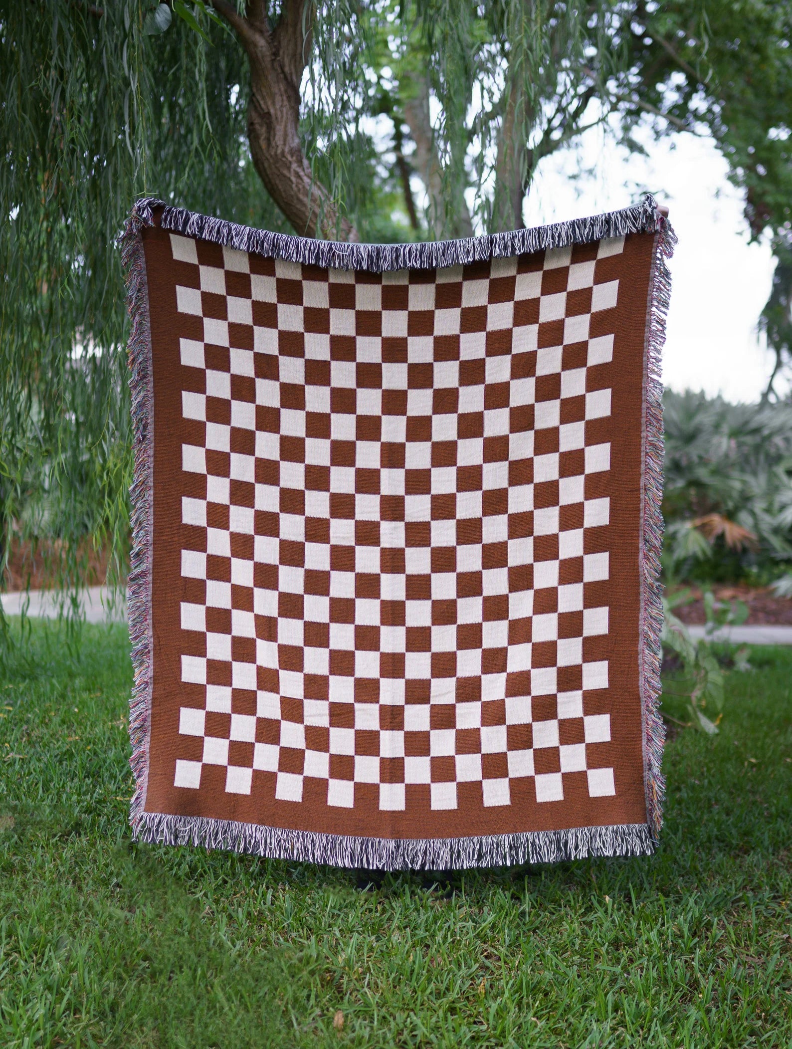 Brown Checkered Cotton Woven Blanket